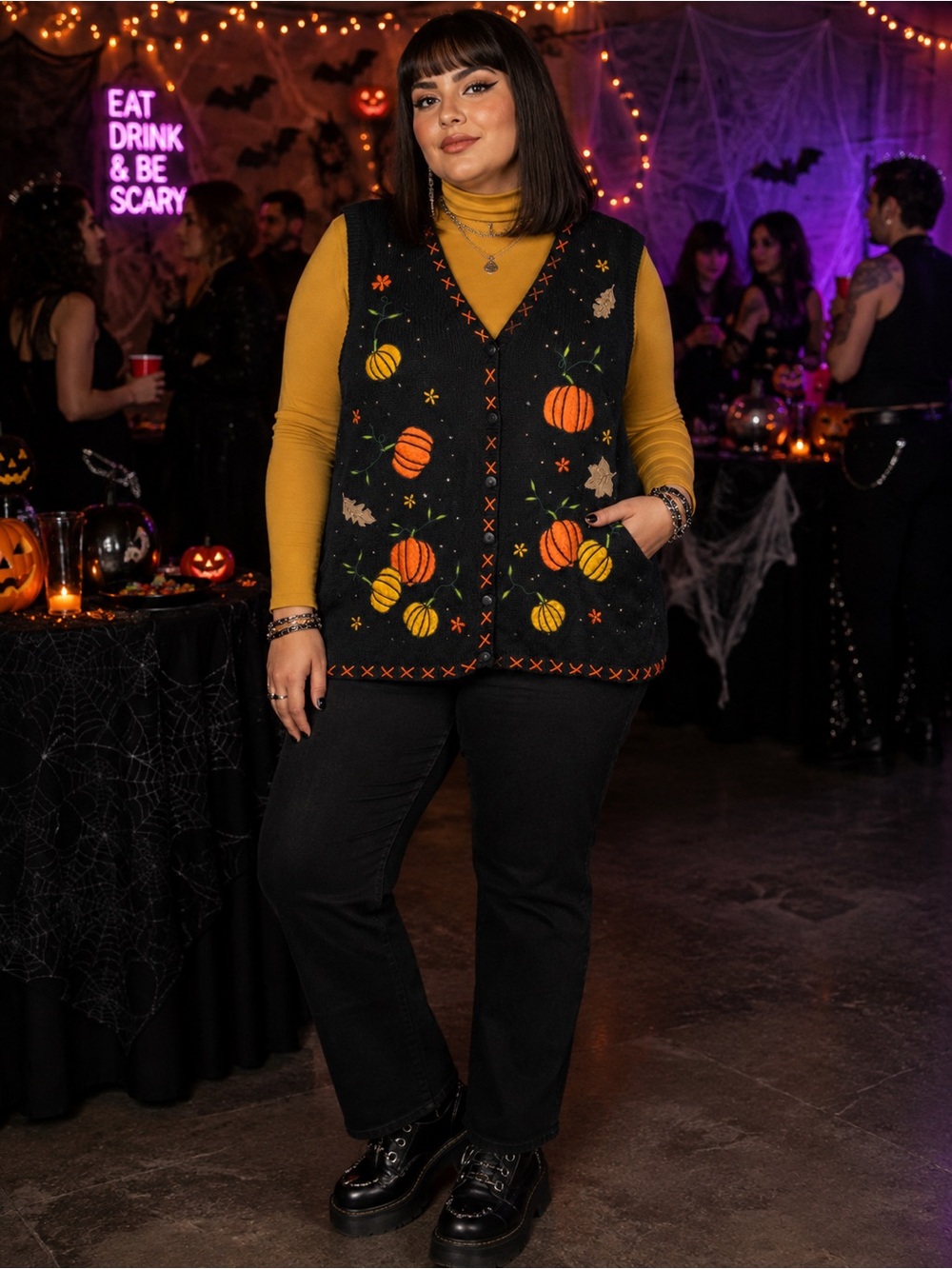 Vintage 90s Basic Editions Halloween Pumpkin Embroidered Sweater Vest Size 3X